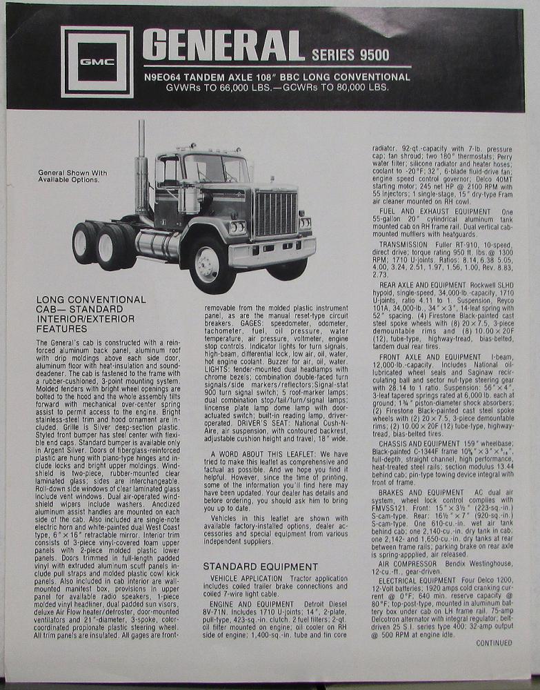 1980 GMC General Series 9500 Tandem Truck N9E064 Long Conventio Sales Data Sheet