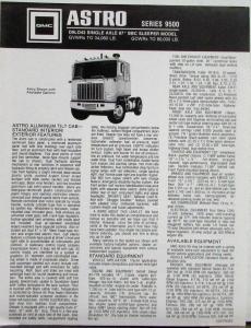 1980 GMC Astro Series 9500 Sleeper Truck D9LO42 Single Axel Sales Data Sheet