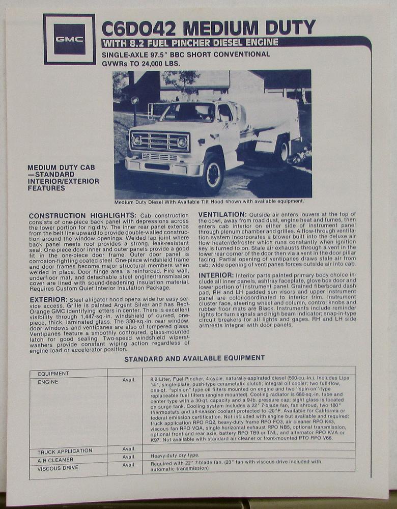 1980 GMC C6DO42 Med Duty Truck 8.2 Diesel Engine Sales Brochure Folder Original