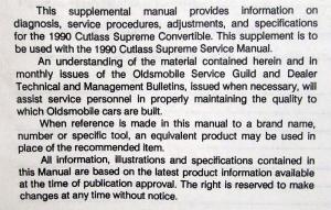 1990 Oldsmobile Cutlass Supreme Service Shop Manual Convertible Supplement