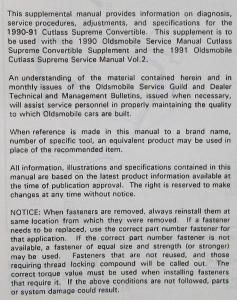 1990-1991 Oldsmobile Cutlass Supreme Service Shop Manual Convertible Supplement