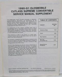 1990-1991 Oldsmobile Cutlass Supreme Service Shop Manual Convertible Supplement