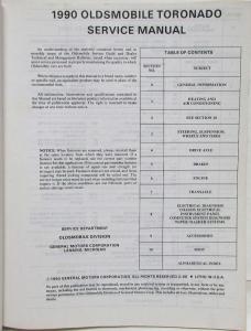1990 Oldsmobile Trofeo and Toronado Service Shop Repair Manual