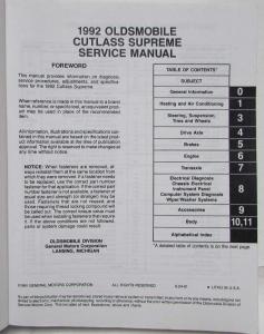 1992 Oldsmobile Cutlass Supreme Service Shop Repair Manual