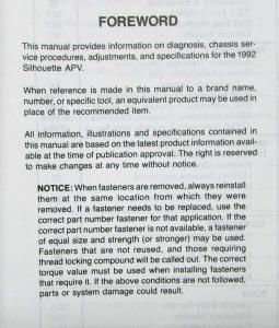 1992 Oldsmobile Silhouette Service Shop Repair Manual