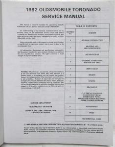 1992 Oldsmobile Toronado/Trofeo Service Shop Repair Manual