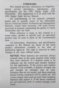 1992 Oldsmobile Eighty Eight LSS Service Shop Repair Manual Supplement