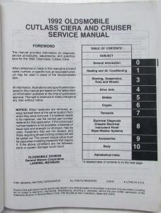 1992 Oldsmobile Cutlass Ciera and Cutlass Cruiser Service Shop Repair Manual