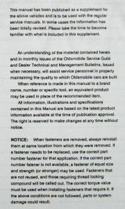 1991 Oldsmobile Service Manual Supplement - 98 88 Toronado Trofeo Calais Supreme