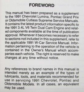 1991 Chevy Pontiac Olds 3.4 Liter V6 Twin Dual Cam Engine Service Manual Supp