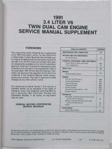 1991 Chevy Pontiac Olds 3.4 Liter V6 Twin Dual Cam Engine Service Manual Supp