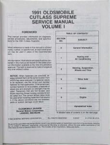 1991 Oldsmobile Cutlass Supreme Service Shop Repair Manual - 2 Volume Set