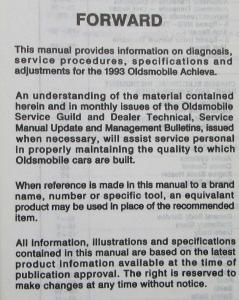 1993 Oldsmobile Achieva Service Shop Repair Manual
