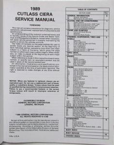 1989 Oldsmobile Cutlass Ciera and Cutlass Cruiser Service Shop Repair Manual