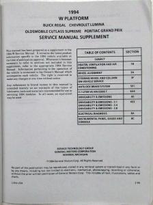 1994 Buick Chevy Olds Pontiac Service Shop Repair Manual Supplement