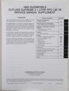 1993 Oldsmobile Cutlass Supreme 3.1 Liter RPO L82 V-6 Engine Service Manual Supp