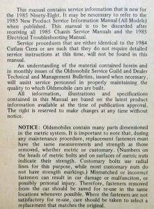1985 Oldsmobile Ninety Eight Regency New Product Service Information Manual