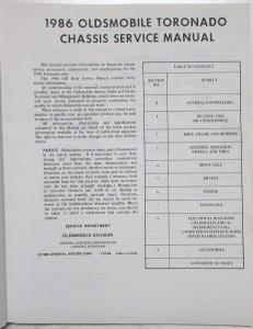 1986 Oldsmobile Toronado Chassis Service Shop Manual