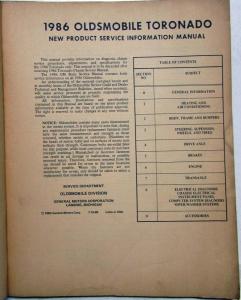 1986 Oldsmobile Toronado New Product Service Information Manual