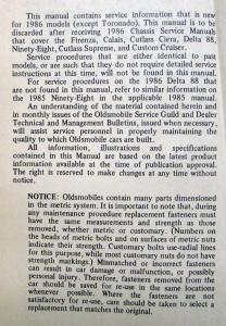 1986 Oldsmobile New Product Service Information Manual - All Models Exc Toronado