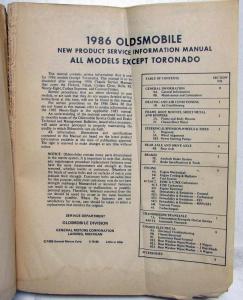 1986 Oldsmobile New Product Service Information Manual - All Models Exc Toronado