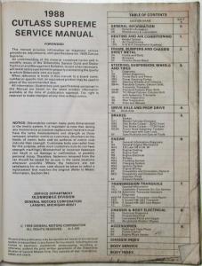 1988 Oldsmobile Cutlass Supreme Chassis Service Shop Manual