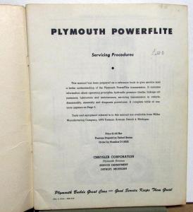 1954 Plymouth Dealer PowerFlite Transmission Service Shop Manual Orig