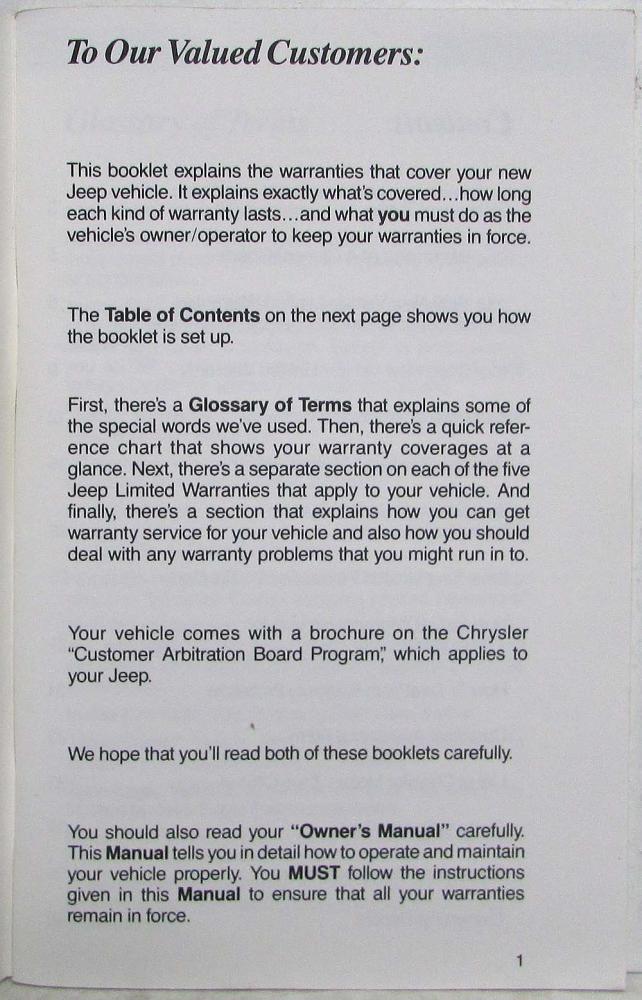 1989 Jeep Owners Warranty Information Manual