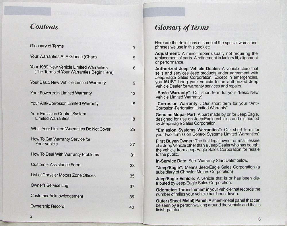 1989 Jeep Owners Warranty Information Manual