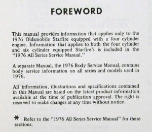 1976 Oldsmobile Starfire 4 Cylinder Service Manual Supplement