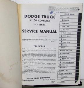 1964 Dodge Dealer A100 Compact S Series Van Pickup Service Shop Repair Manual