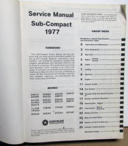 1977 Dodge Colt & Plymouth Arrow Dealer Service Shop Repair Manual Original