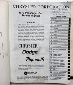 1977 Chrysler Dodge Plymouth Service Shop Manuals Volare Aspen Cordoba Charger