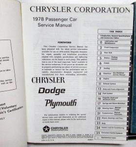 1978 Chrysler Dodge Plymouth Service Shop Manuals Aspen Volare Cordoba Charger