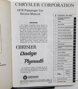 1978 Chrysler Dodge Plymouth Service Shop Manuals Aspen Volare Cordoba Charger