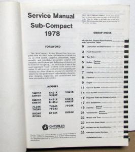 1978 Dodge Colt & Plymouth Arrow Dealer Service Shop Repair Manual Original