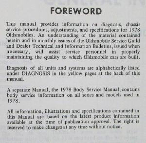 1978 Oldsmobile Service Shop Repair Manual - All Series - 88 98 Toronado Cutlass