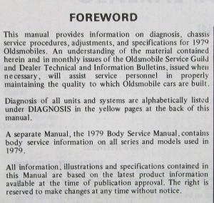 1979 Oldsmobile Service Shop Repair Manual -  Starfire 88 98 Toronado Cutlass