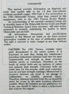 1982 Oldsmobile Firenza Service Shop Repair Manual and Supplement