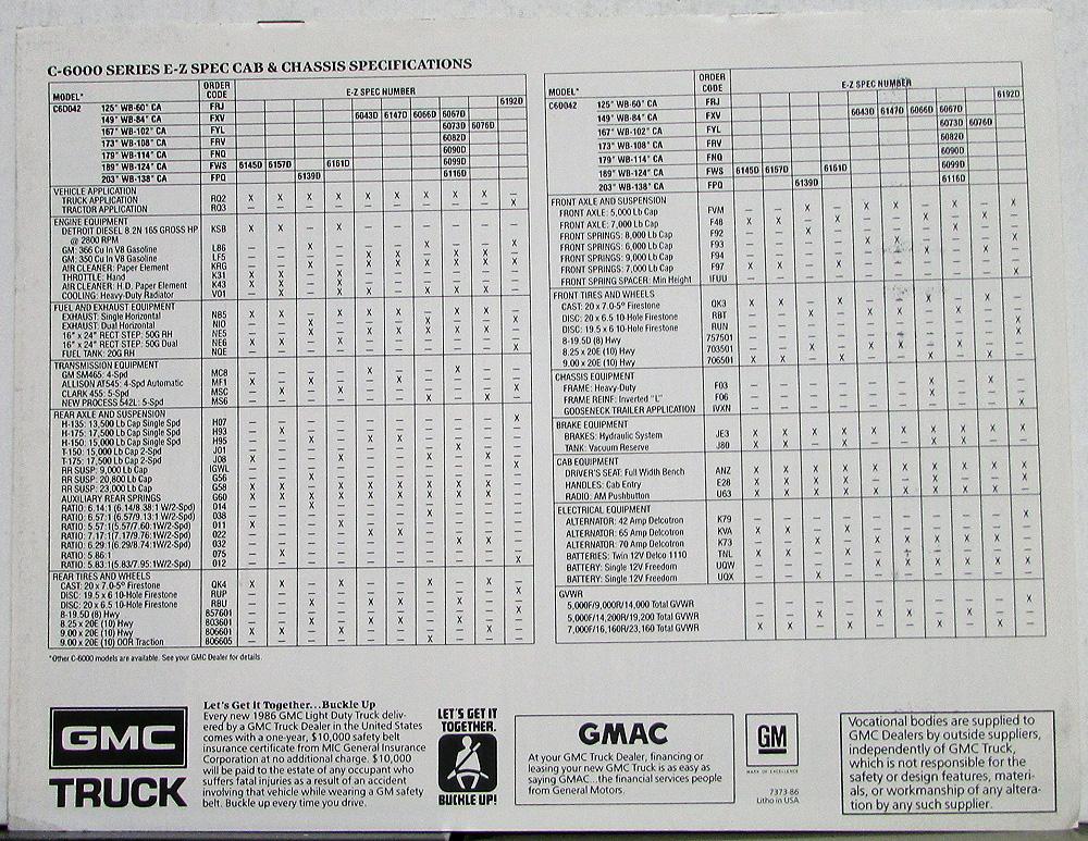 1986 GMC Truck Cab & Chassis C6000 Series EZ Spec Sales Brochure Original