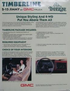 1987 GMC S-15 Jimmy 4X4 Timberline Decor Package Data Sheet Original