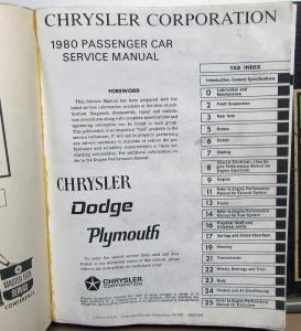 1980 Chrysler Dodge Plymouth Service Shop Repair Manual Set Cordoba Aspen Volare