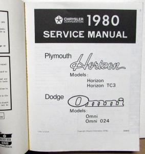 1980 Dodge Omni & Plymouth Horizon Service Shop Repair Manual TC3 024 Original