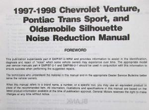 1997-98 Chevy Venture Pontiac Trans Sport Olds Silhouette Noise Reduction Manual