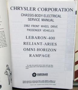 1982 Dodge Plymouth Service Shop Manual LeBaron Rampage K Car Omni Horizon 400