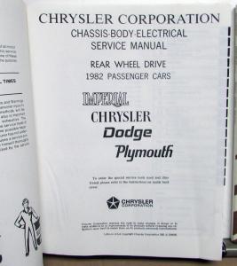 1982 Chrysler Dodge Plymouth Service Shop Manual RWD Diplomat Mirada Cordoba