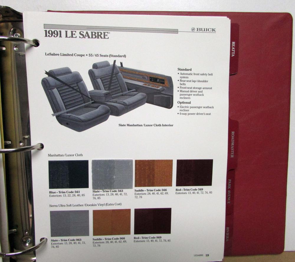 1991 Buick Dealers Album Paint Chips Upholstery Regal Riviera Le Sabre