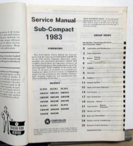 1983 Dodge Colt Dealer Service Shop Repair Manual Sub-Compact