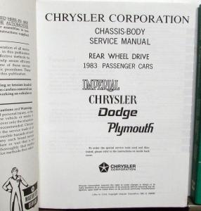 1983 Chrysler Dodge Plymouth Rear Wheel Drive Car Dealer Service Shop Manual Set