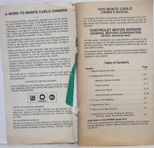 1978 Chevrolet Chevelle Monte Carlo Owners Operators Manual